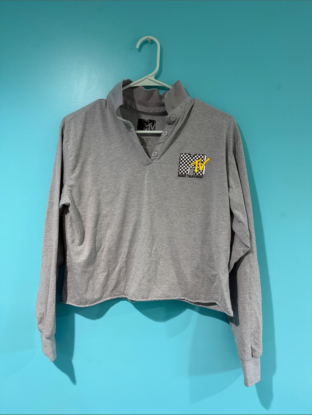 MTV Heather Gray Cropped Pullover with Yellow Logo Patch